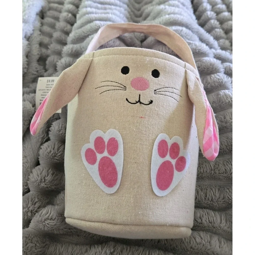 Easter Bunny Basket Burlap Canvas Tote Bag Pink‎ Gingham Lining Floppy Ears NWT